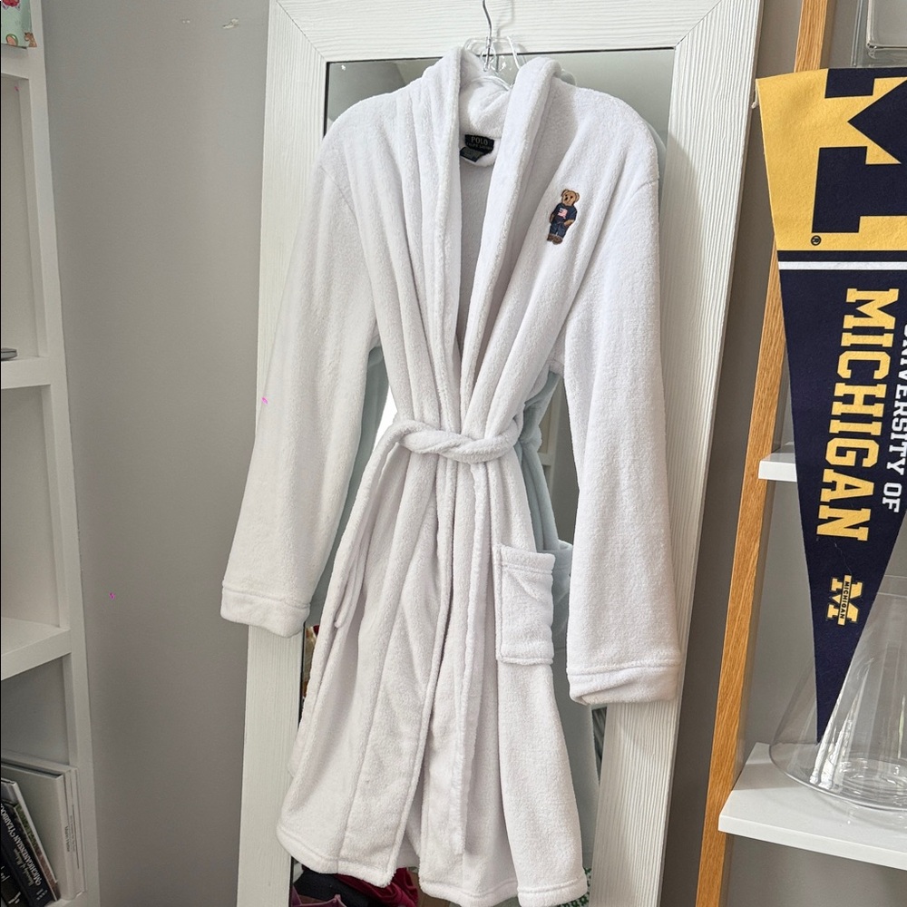 Polo by Ralph Lauren White Plush Bathrobe with Embroidered Bear